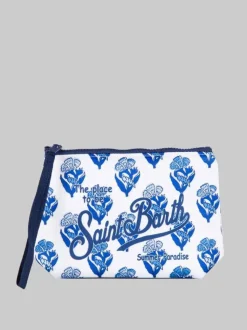 POCHETTE ALINE IN SCUBA CON FIORI INDACO JAIPUR BIANCA E BLU