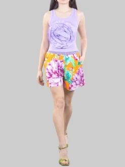 SHORTS IN COTONE A FANTASIA RIGHE E FIORI CON ELASTICO IN VITA