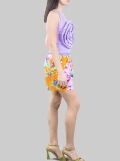 SHORTS IN COTONE A FANTASIA RIGHE E FIORI CON ELASTICO IN VITA