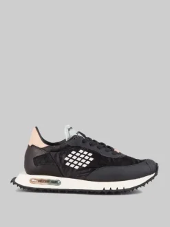 SNEAKER IN PELLE, NYLON LUCIDO E MATERIALE TECNICO EFFETTO GOMMATO REALIZZATA A MANO