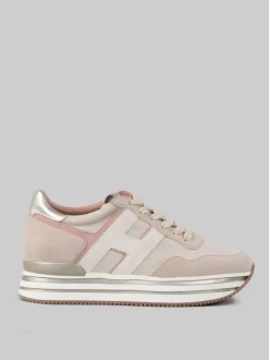 SNEAKER MIDI H222 IN PELLE SCAMOSCIATA BEIGE, ROSA E AVORIO CON TELA TECNICA MISTO LUREX