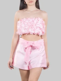 TOP A FASCIA ELASTICIZZATO ROSA DECORATO CON PETALI DI FIORI IN TESSUTO