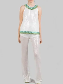 TOP BIANCO SENZA MANICHE CON PAILLETTES E PROFILI DECORATI