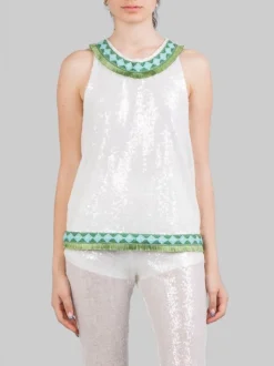 TOP BIANCO SENZA MANICHE CON PAILLETTES E PROFILI DECORATI