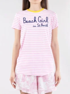 T-SHIRT DANA IN COTONE A FANTASIA RIGHE BIANCO E ROSA