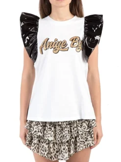T-SHIRT IN COTONE CON MANICHE CORTE NERE CON VOLANT IN ECOPELLE