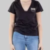 T-SHIRT TURBATO NERA CON LOGO IN STRASS E PERLINE