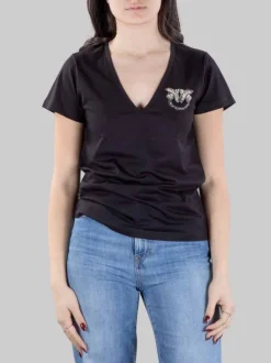 T-SHIRT TURBATO NERA CON LOGO IN STRASS E PERLINE