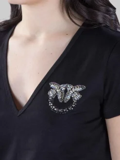T-SHIRT TURBATO NERA CON LOGO IN STRASS E PERLINE